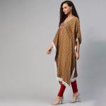 Women Orange & Brown Geometric Printed Thread Work Pure Cotton Kaftan Kurta