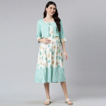 Women Off White & Green Floral Maternity A-Line Midi Dress