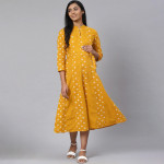 Women Mustard Yellow & Off-White Printed Pure Cotton Maternity A-Line Dress