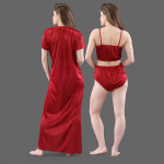 Women Maroon Solid Satin 3 Piece Nightwear Set