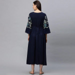 Women Navy Blue Embroidered Maternity Feeding Maxi Nursing Dress